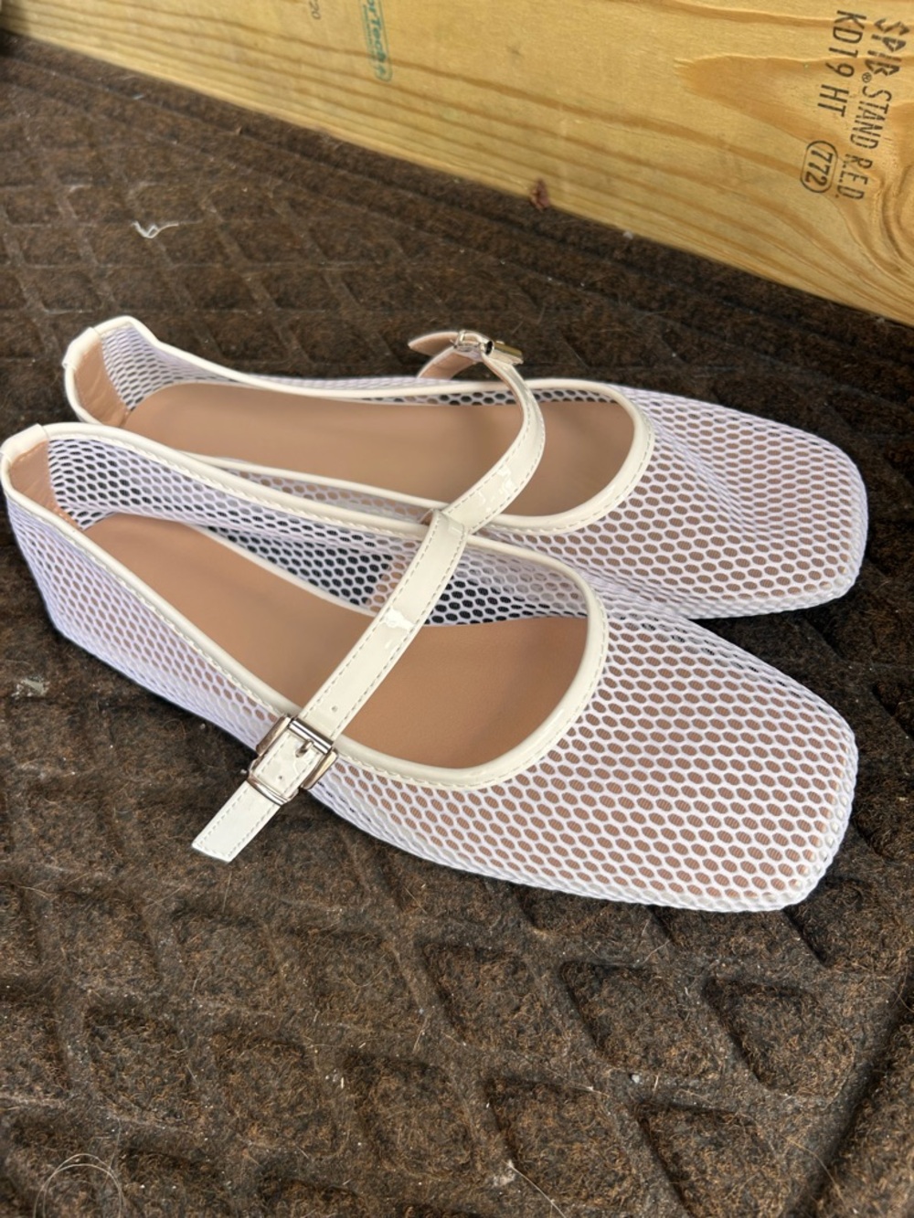 White Mesh Mary Jane Flats with Buckle Strap